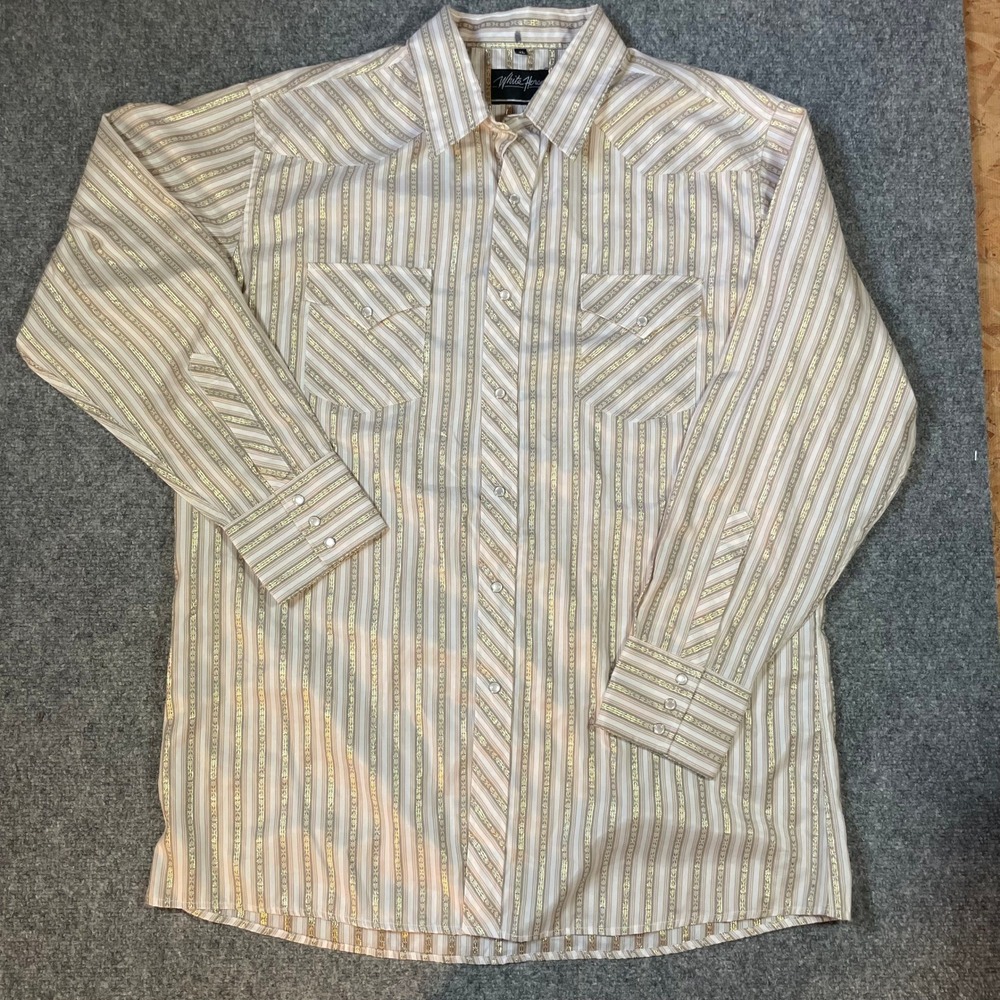 White Horse Western Shirt Mens XL White Gold Metallic Striped Pearl Snap Lurex